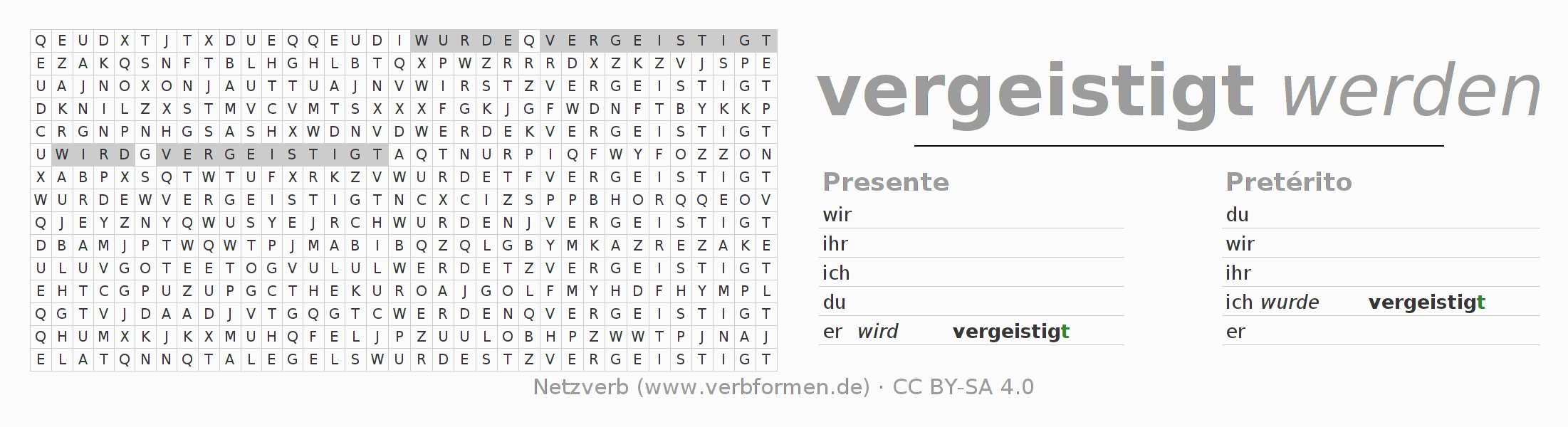 Juego de palabras cruzadas para la conjugación del verbo vergeistigen