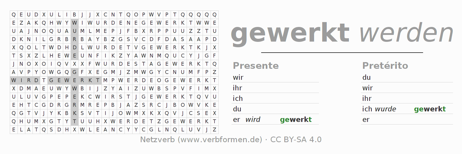 Juego de palabras cruzadas para la conjugación del verbo werken