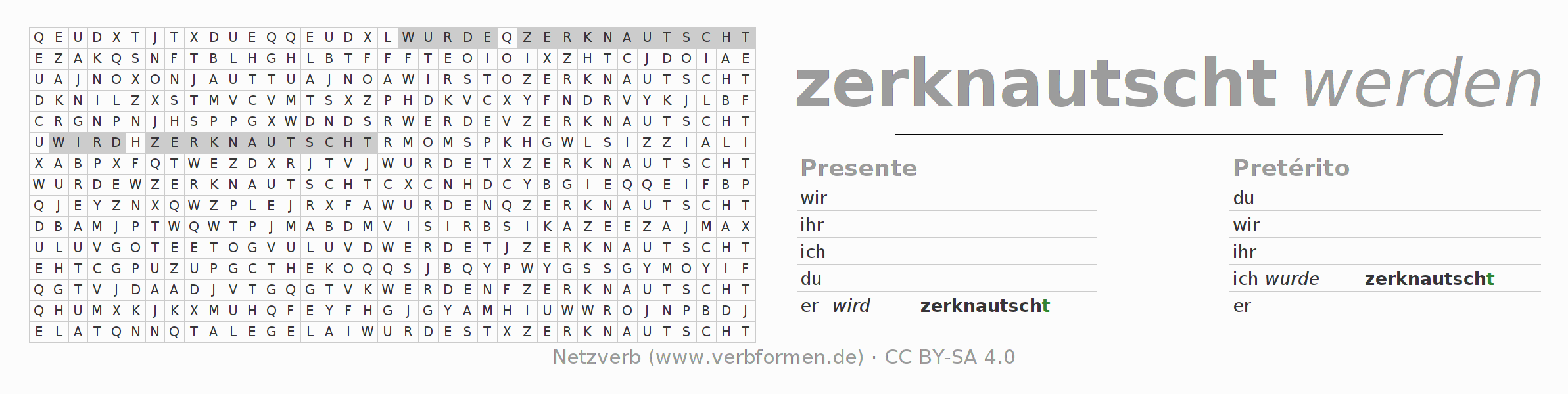 Juego de palabras cruzadas para la conjugación del verbo zerknautschen