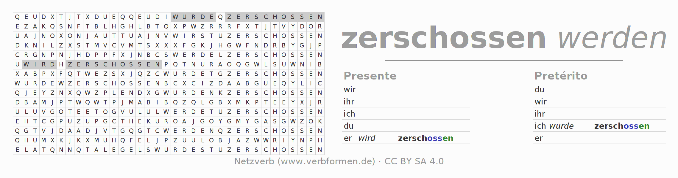 Juego de palabras cruzadas para la conjugación del verbo zerschießen