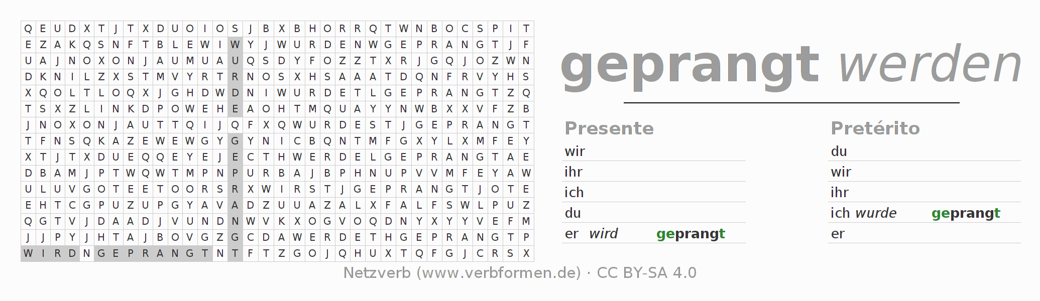 Juego de palabras cruzadas para la conjugación del verbo prangen