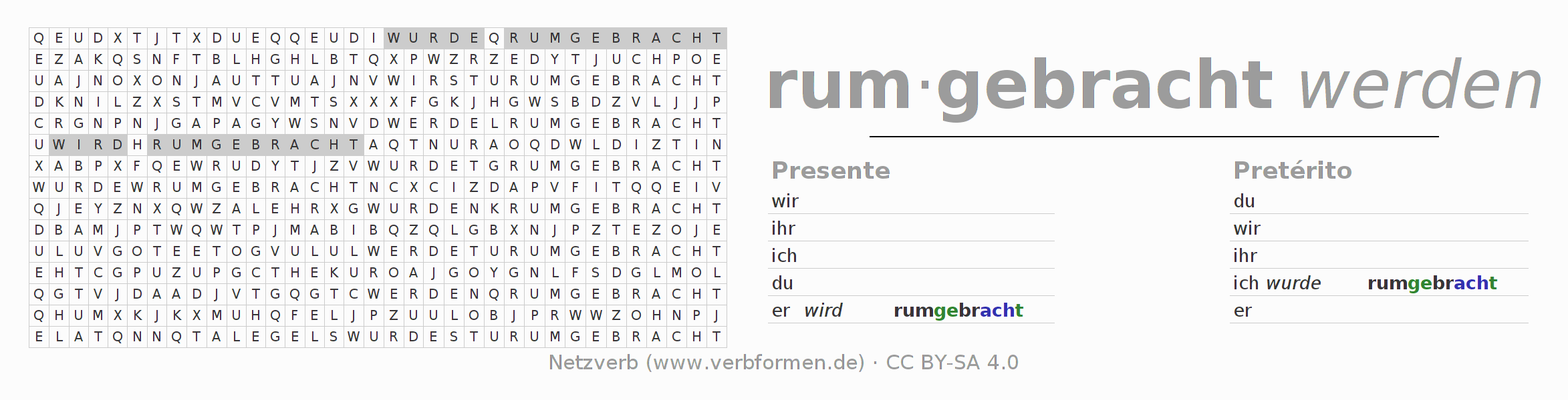 Juego de palabras cruzadas para la conjugación del verbo rumbringen