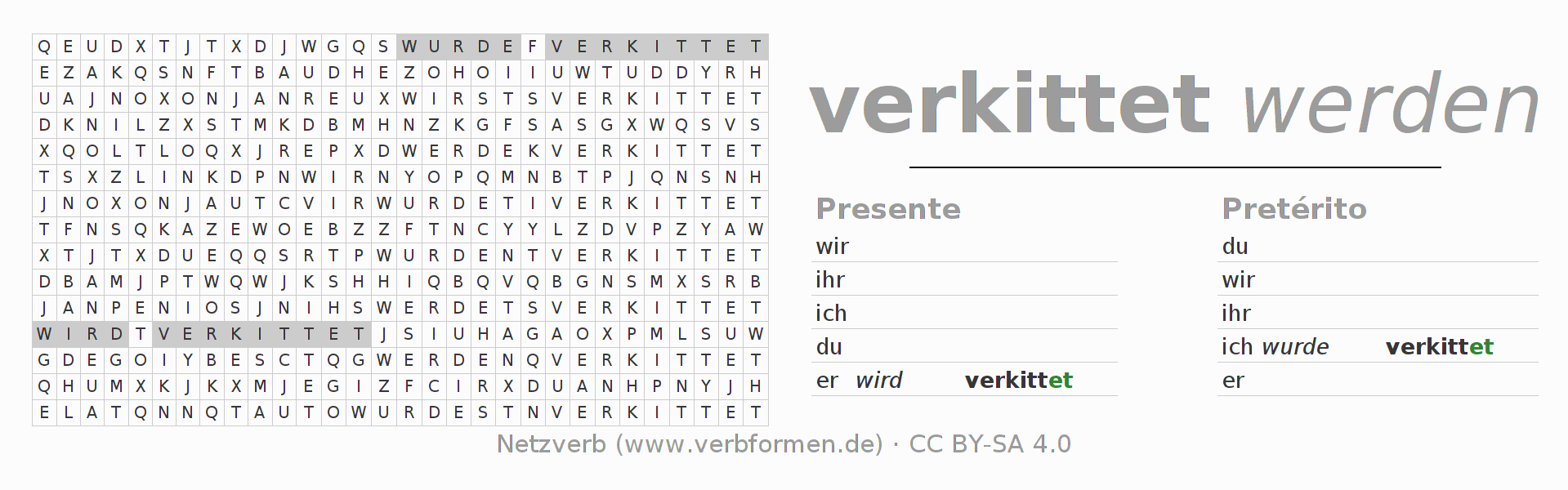 Juego de palabras cruzadas para la conjugación del verbo verkitten