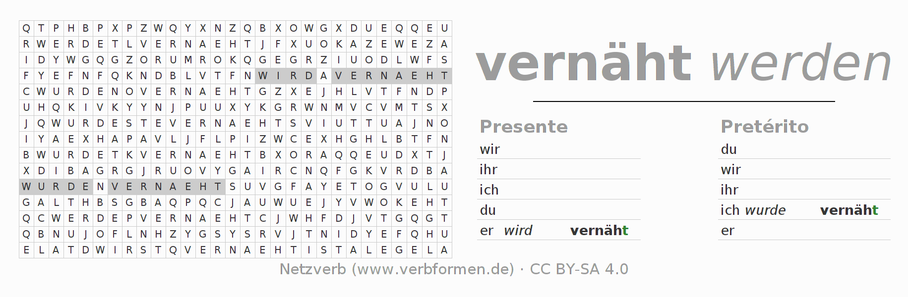Juego de palabras cruzadas para la conjugación del verbo vernähen