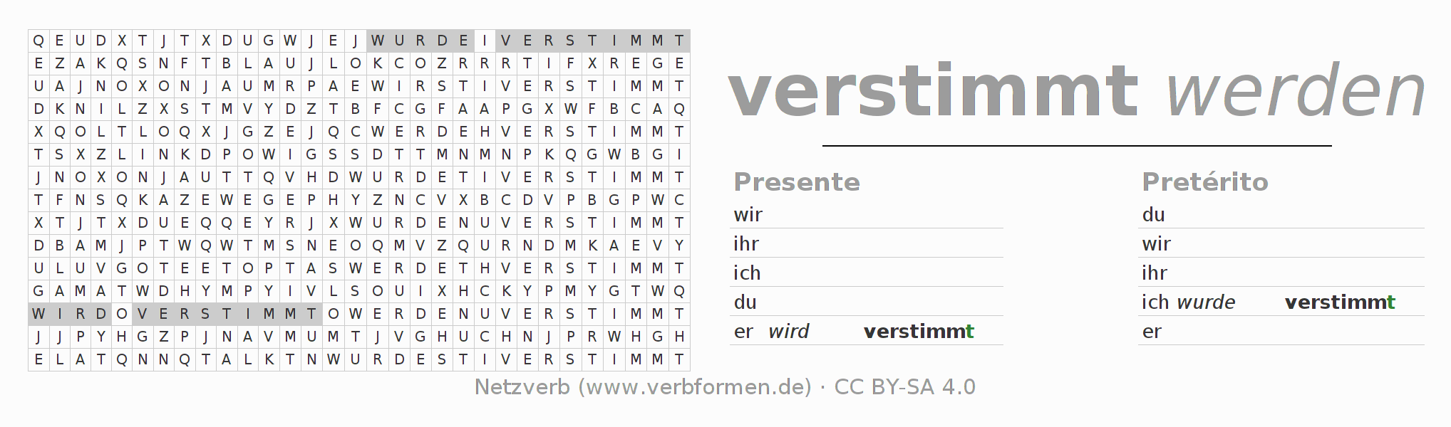 Juego de palabras cruzadas para la conjugación del verbo verstimmen (hat)