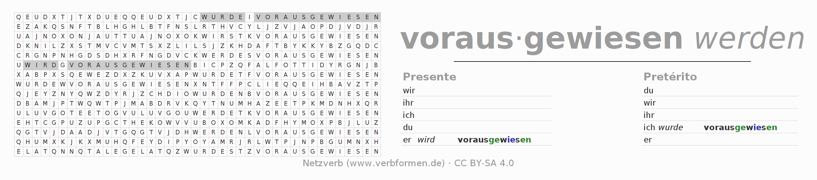 Juego de palabras cruzadas para la conjugación del verbo vorausweisen