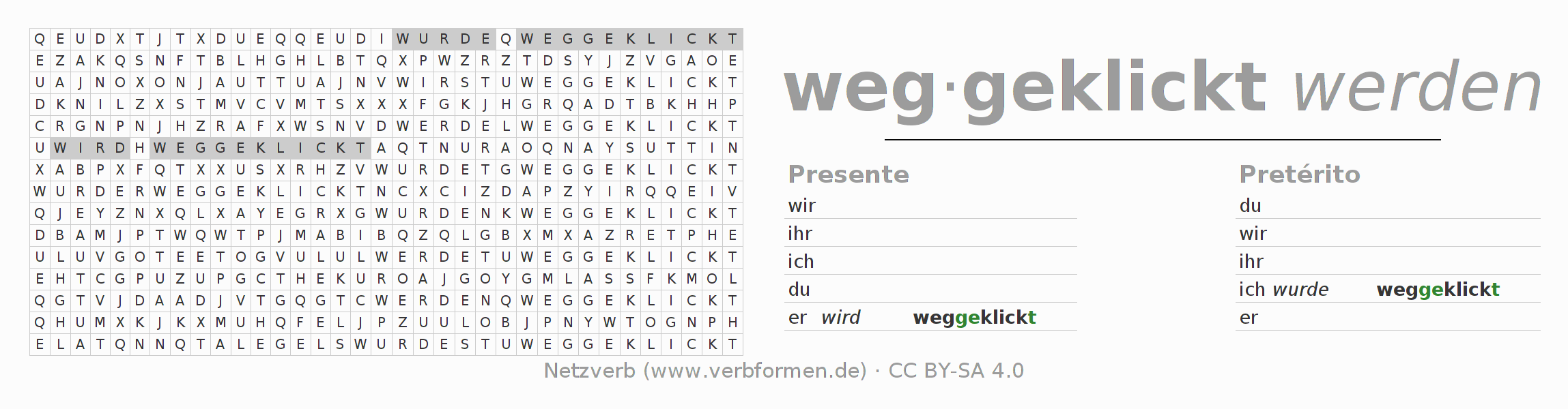 Juego de palabras cruzadas para la conjugación del verbo wegklicken