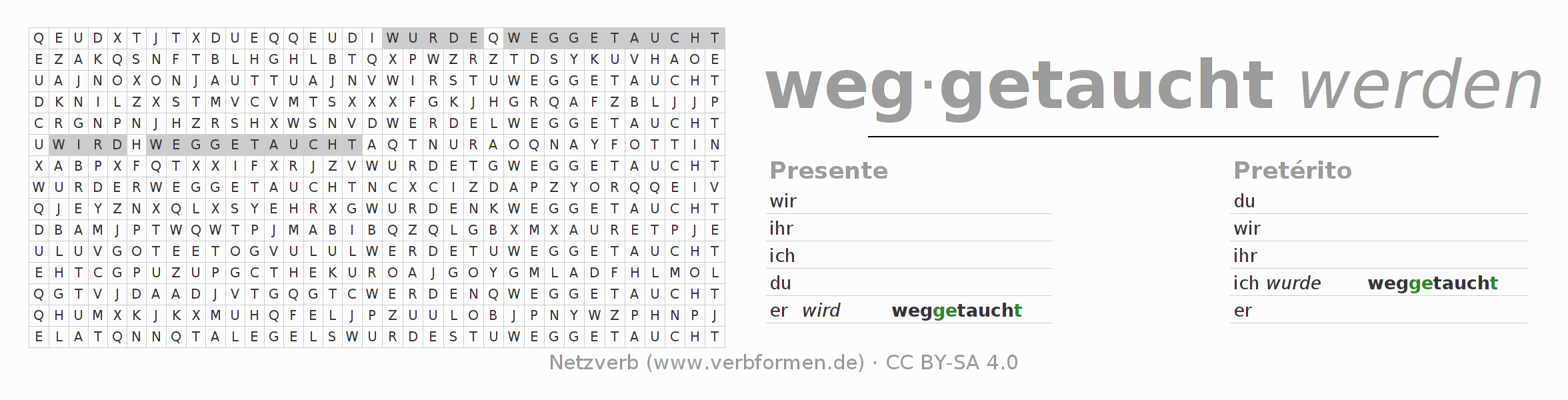 Juego de palabras cruzadas para la conjugación del verbo wegtauchen