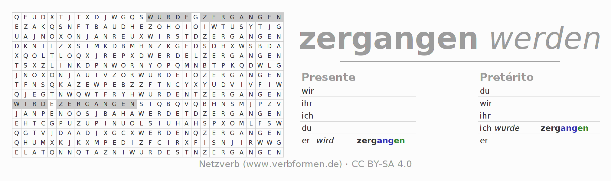 Juego de palabras cruzadas para la conjugación del verbo zergehen