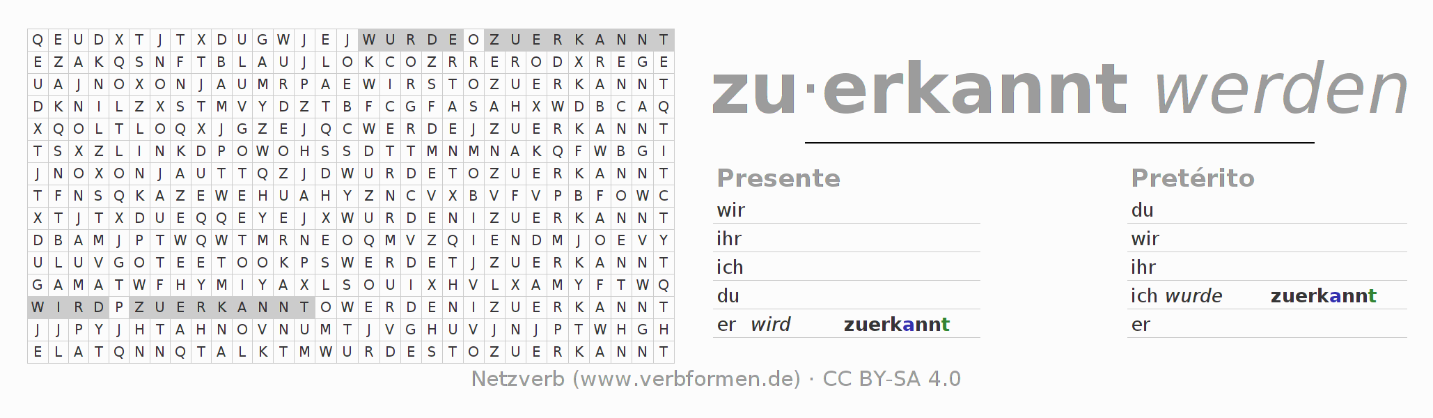 Juego de palabras cruzadas para la conjugación del verbo zu-erkennen