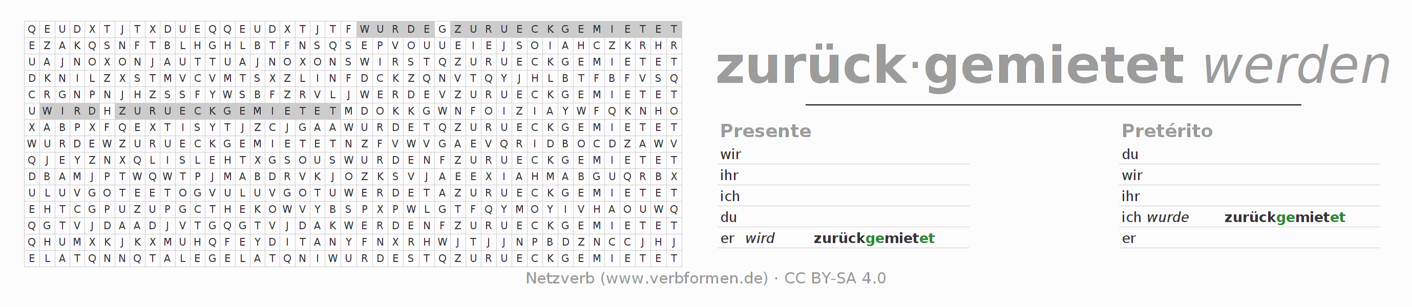 Juego de palabras cruzadas para la conjugación del verbo zurückmieten