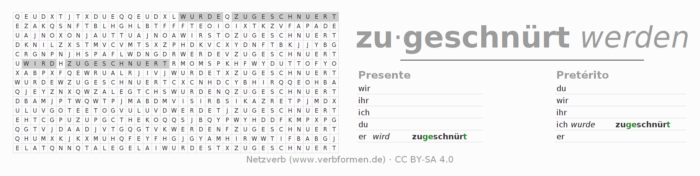 Juego de palabras cruzadas para la conjugación del verbo zuschnüren