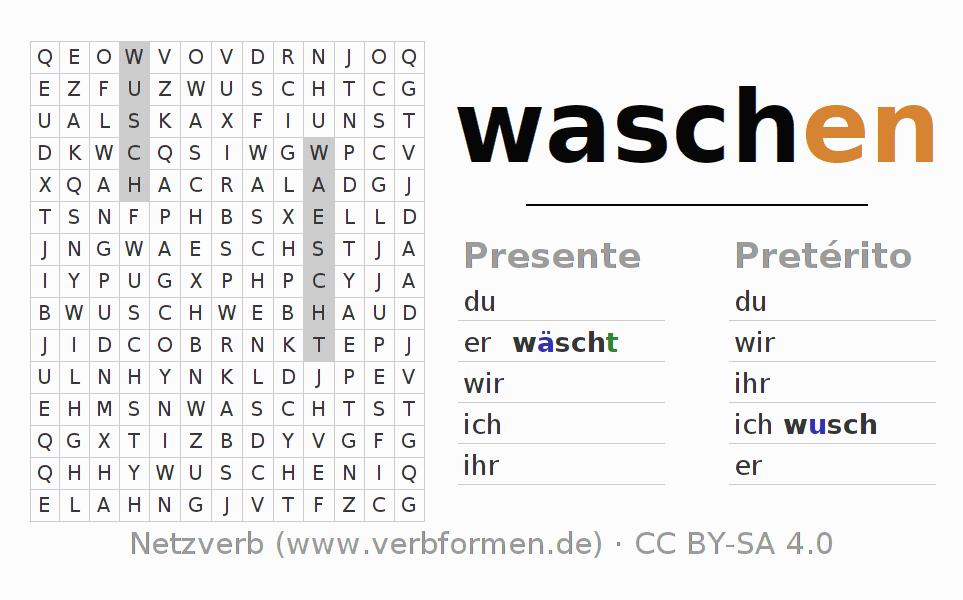 Juego de palabras cruzadas para la conjugación del verbo waschen