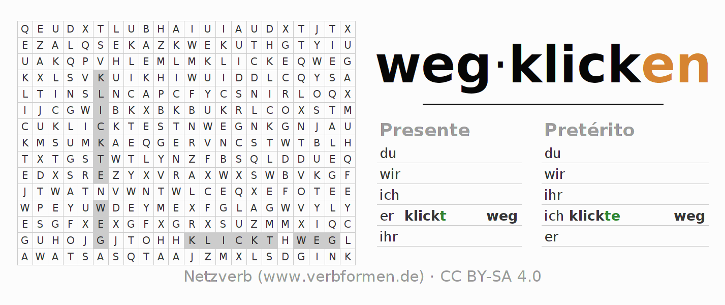 Juego de palabras cruzadas para la conjugación del verbo wegklicken