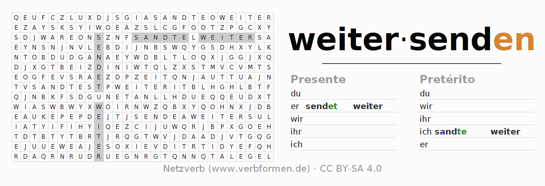Juego de palabras cruzadas para la conjugación del verbo weitersenden