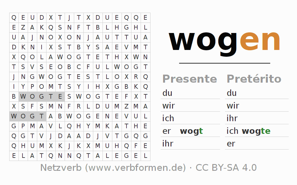 Juego de palabras cruzadas para la conjugación del verbo wogen