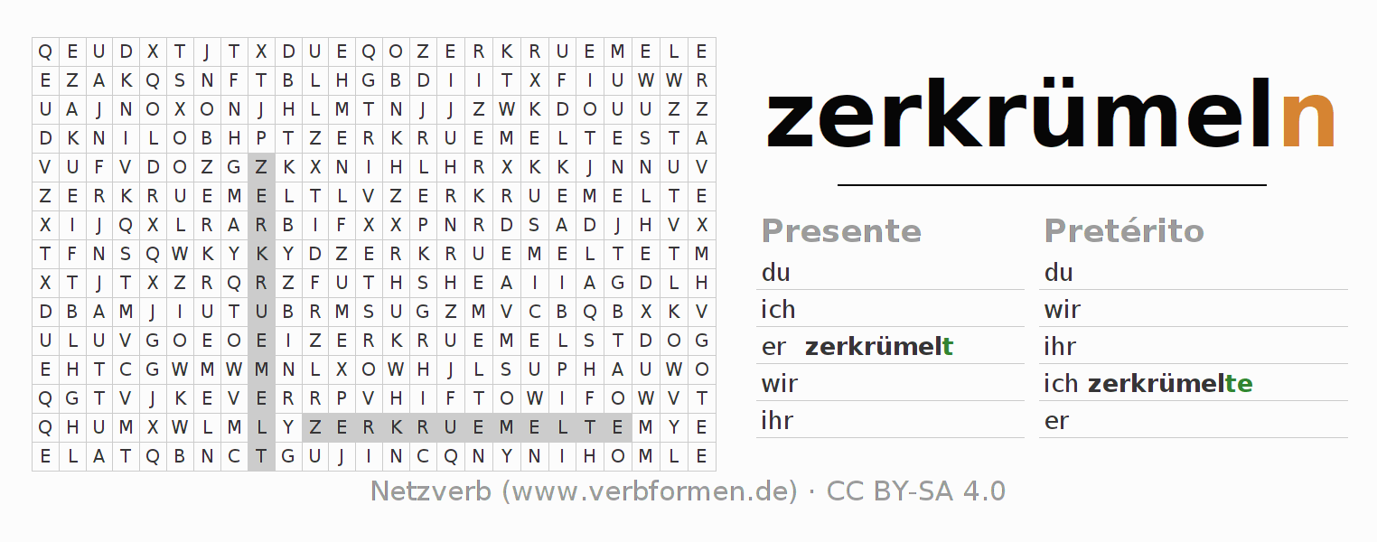 Juego de palabras cruzadas para la conjugación del verbo zerkrümeln (hat)