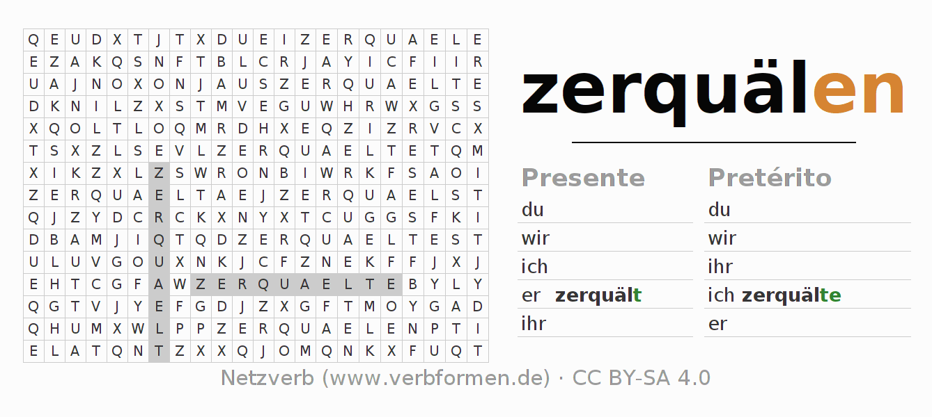 Juego de palabras cruzadas para la conjugación del verbo zerquälen