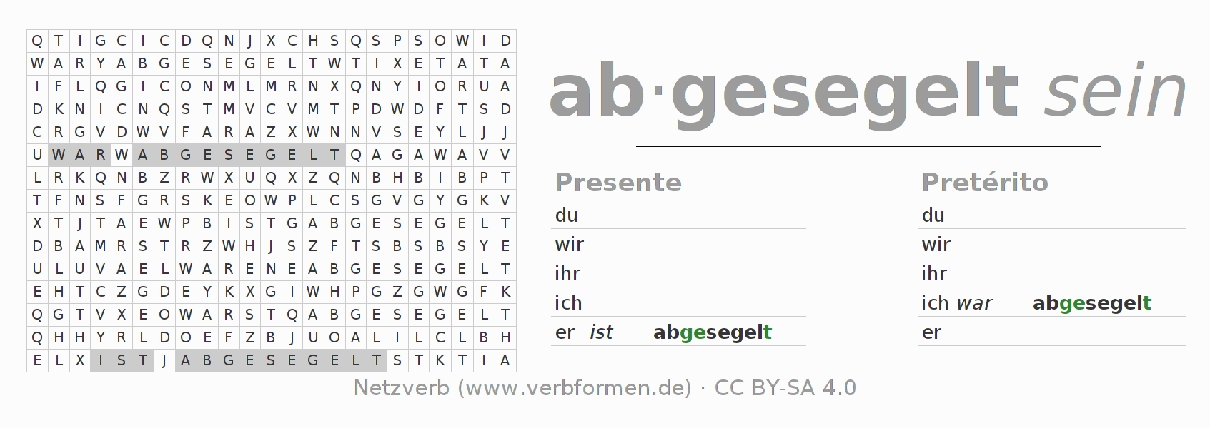 Juego de palabras cruzadas para la conjugación del verbo absegeln (hat)