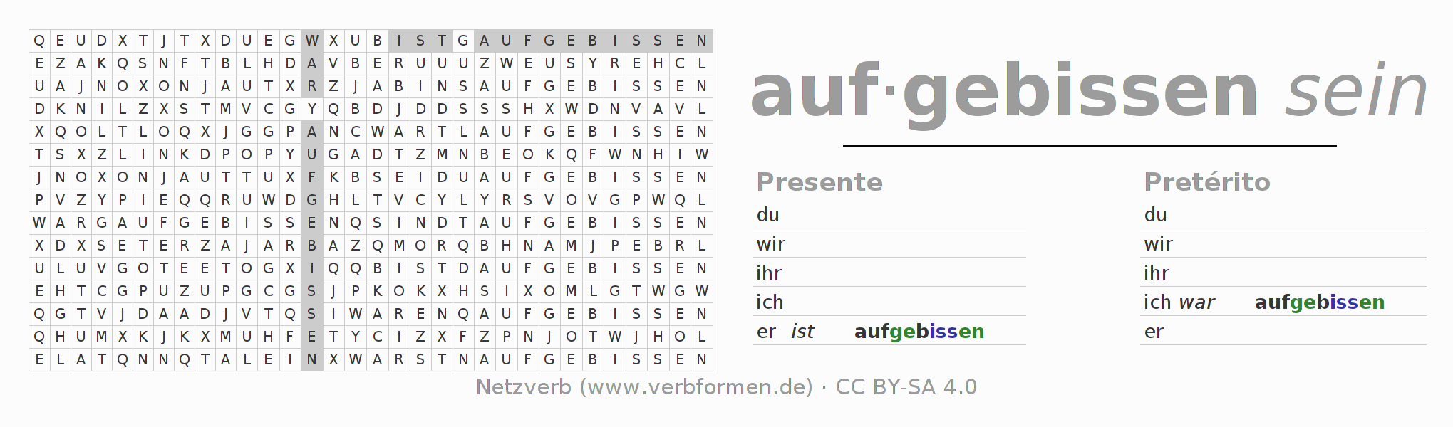 Juego de palabras cruzadas para la conjugación del verbo aufbeißen
