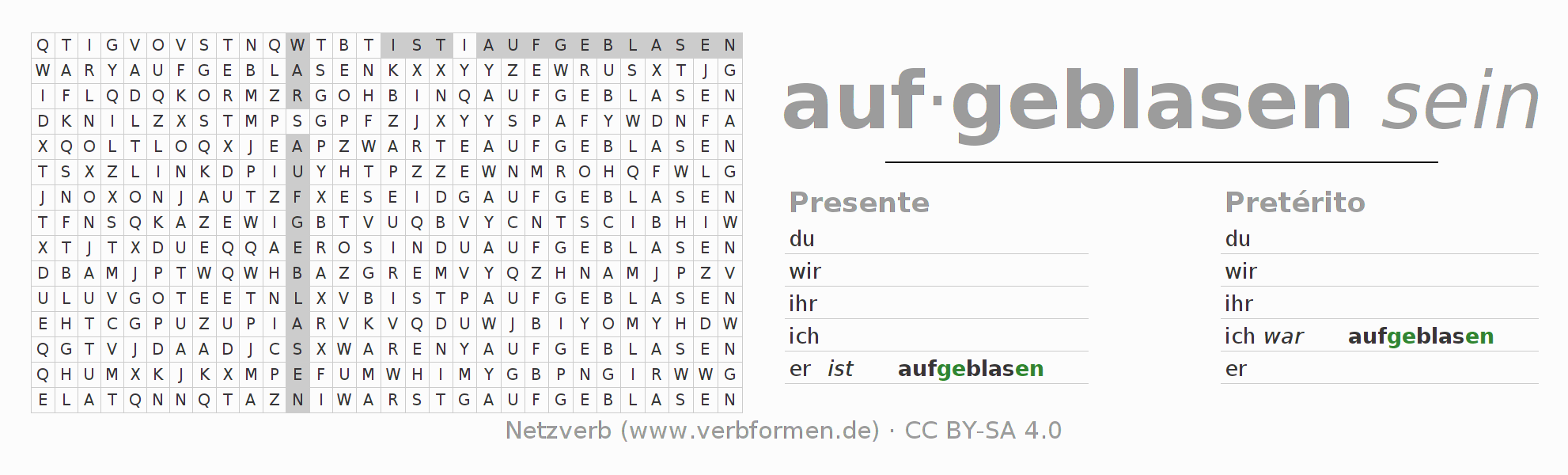 Juego de palabras cruzadas para la conjugación del verbo aufblasen