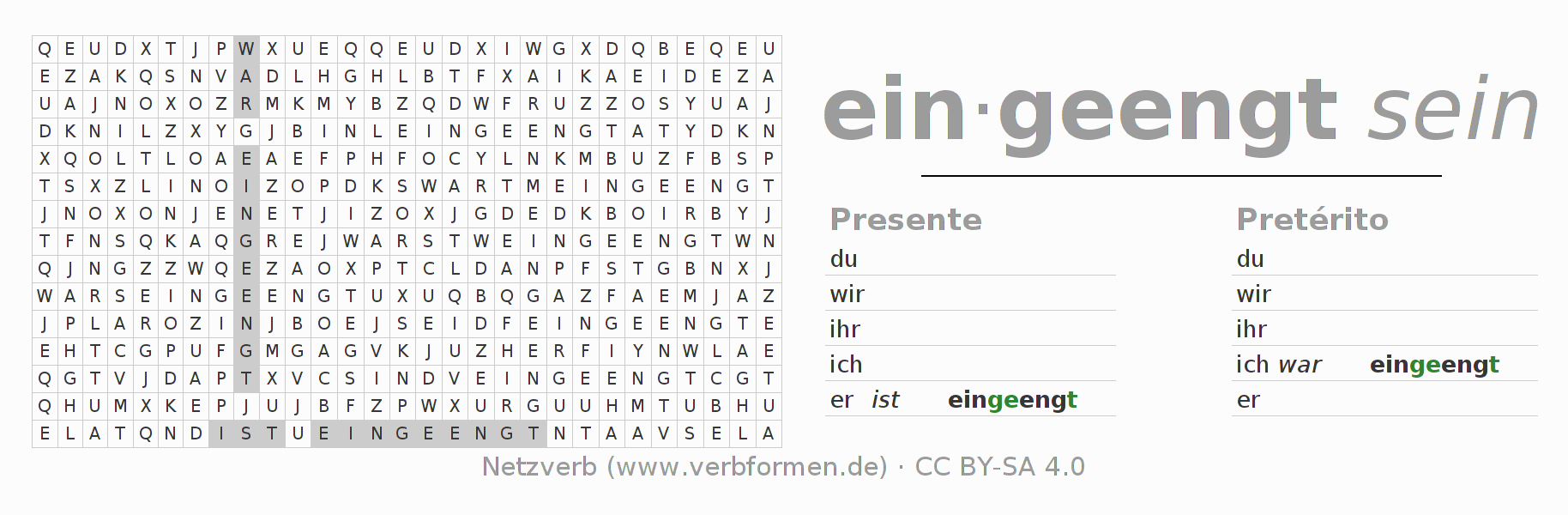 Juego de palabras cruzadas para la conjugación del verbo einengen