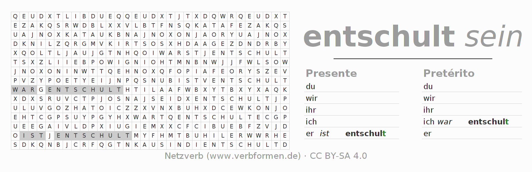 Juego de palabras cruzadas para la conjugación del verbo entschulen