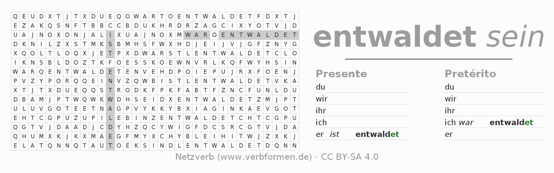 Juego de palabras cruzadas para la conjugación del verbo entwalden