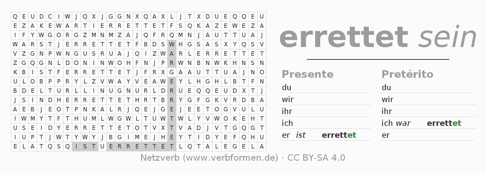 Juego de palabras cruzadas para la conjugación del verbo erretten