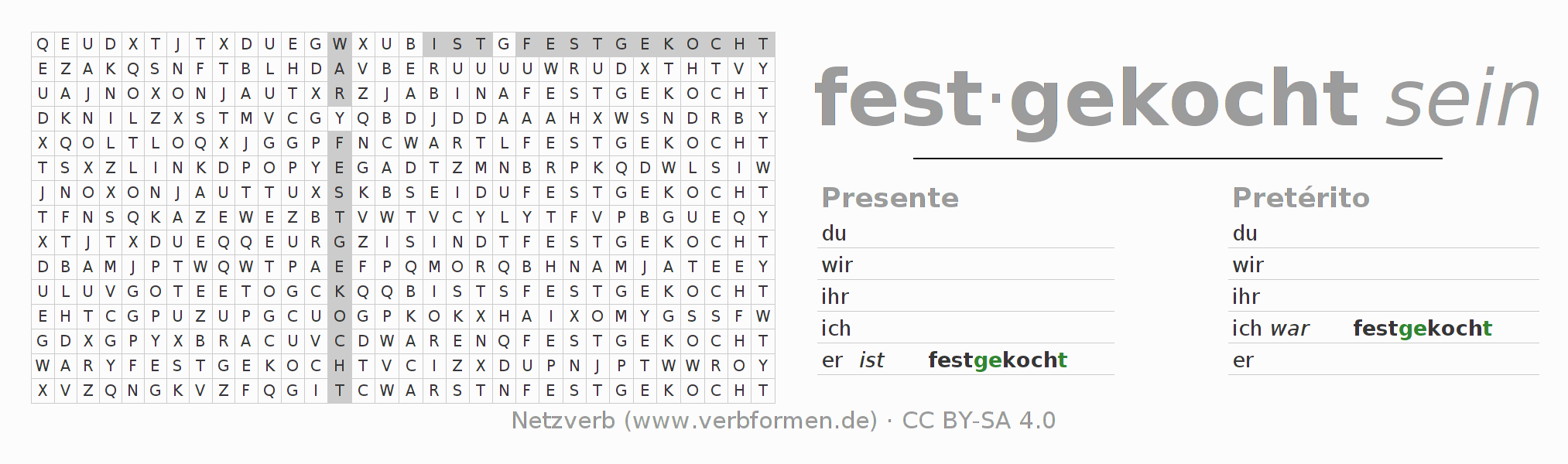 Juego de palabras cruzadas para la conjugación del verbo festkochen