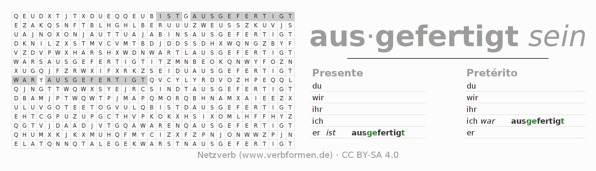 Juego de palabras cruzadas para la conjugación del verbo ausfertigen
