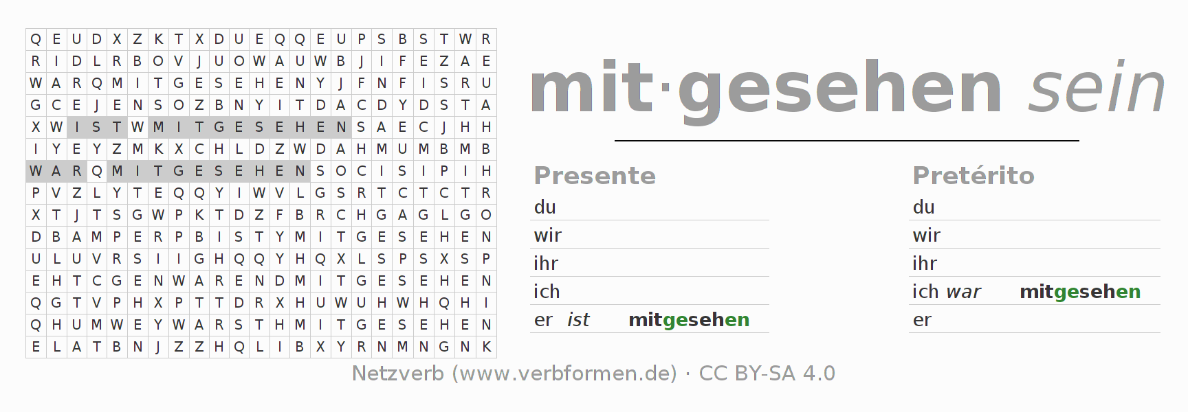 Juego de palabras cruzadas para la conjugación del verbo mitsehen