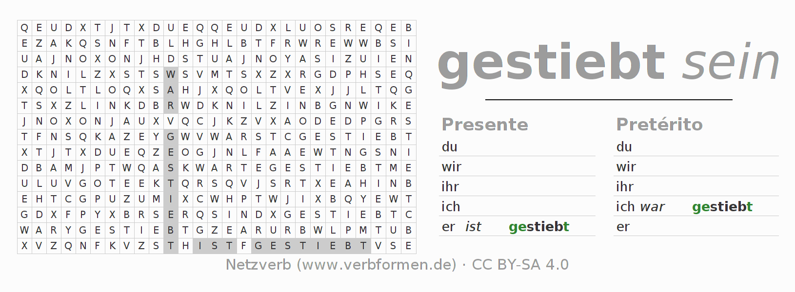 Juego de palabras cruzadas para la conjugación del verbo stieben (regelm) (hat)