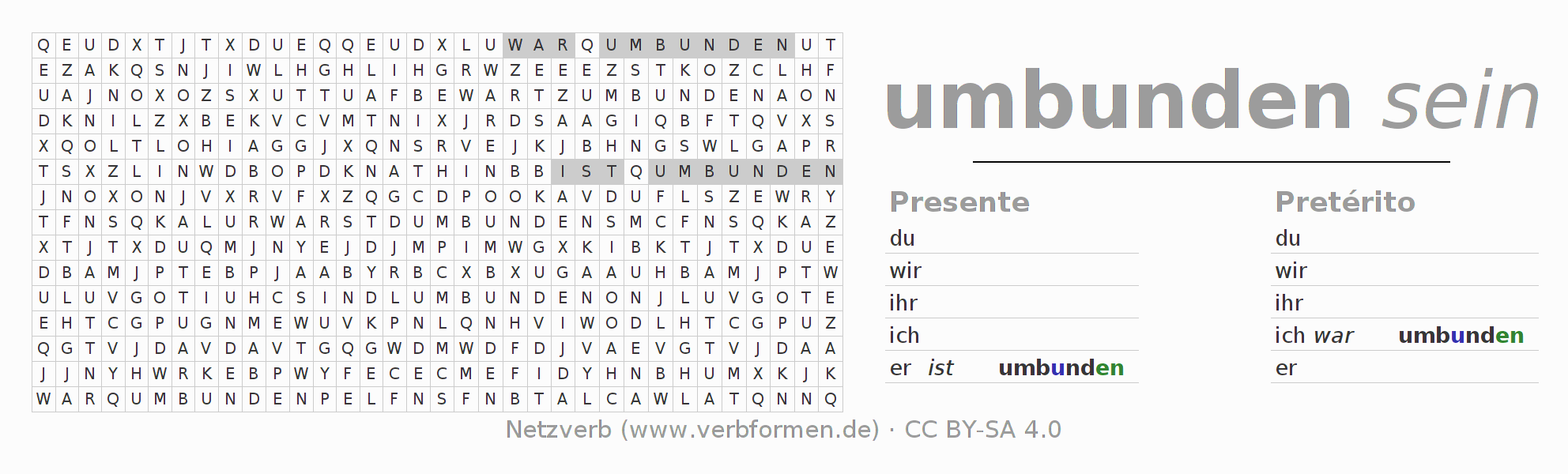 Juego de palabras cruzadas para la conjugación del verbo umbinden