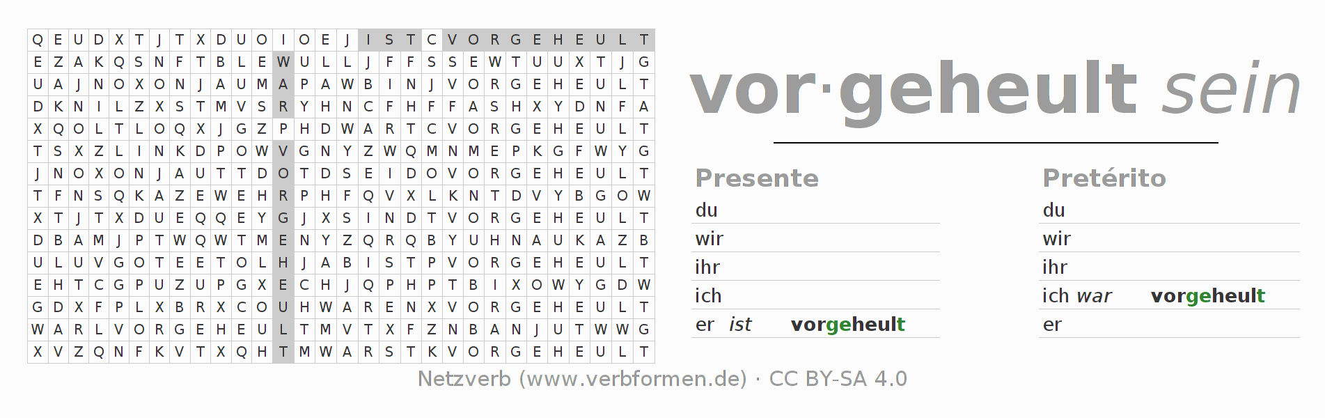 Juego de palabras cruzadas para la conjugación del verbo vorheulen