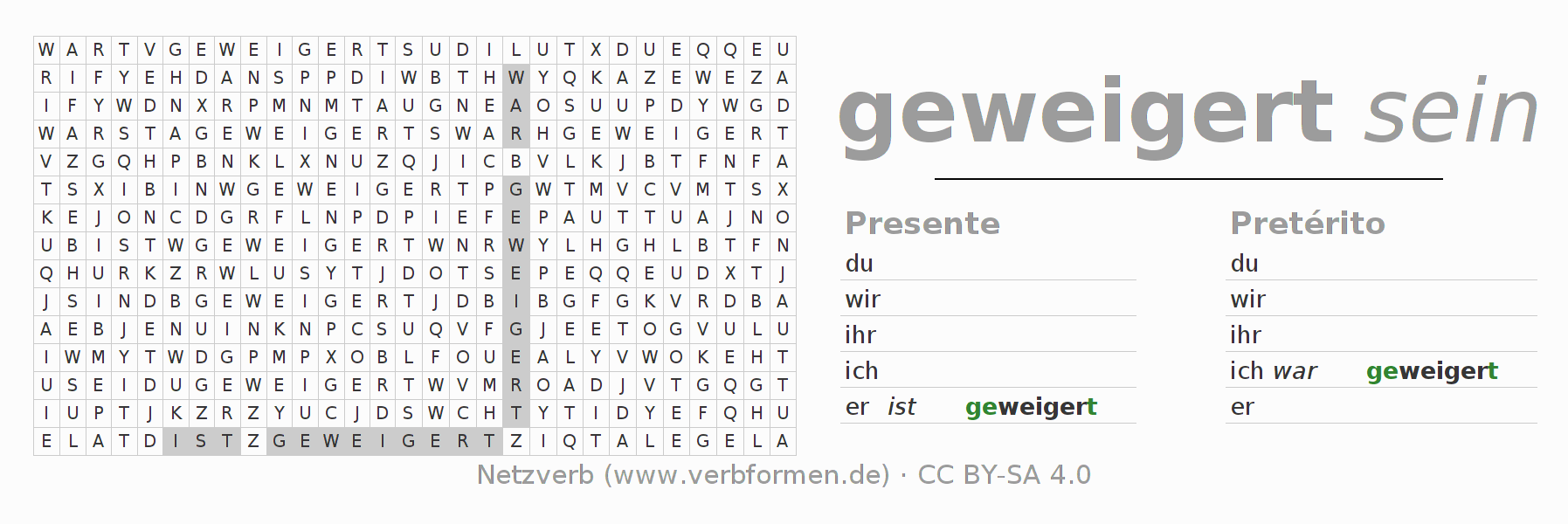 Juego de palabras cruzadas para la conjugación del verbo weigern