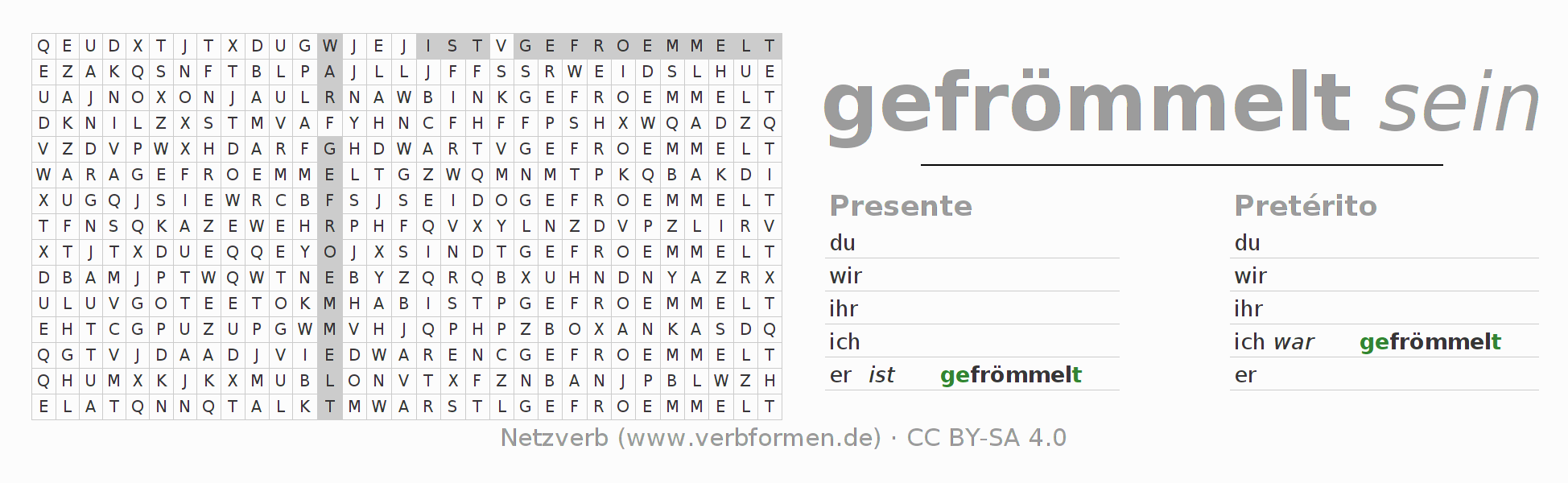 Juego de palabras cruzadas para la conjugación del verbo frömmeln