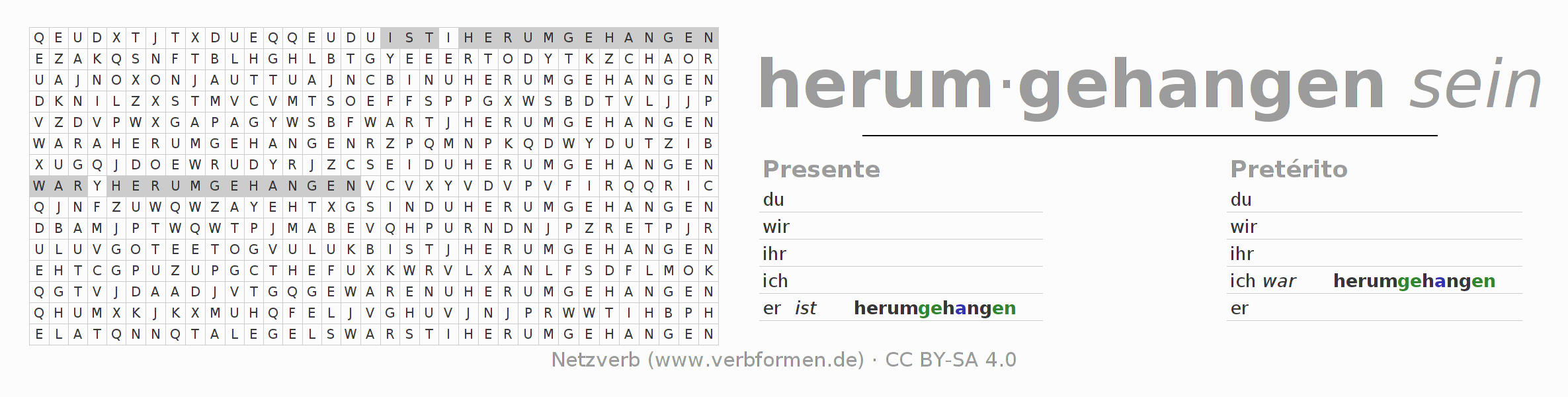 Juego de palabras cruzadas para la conjugación del verbo herumhängen