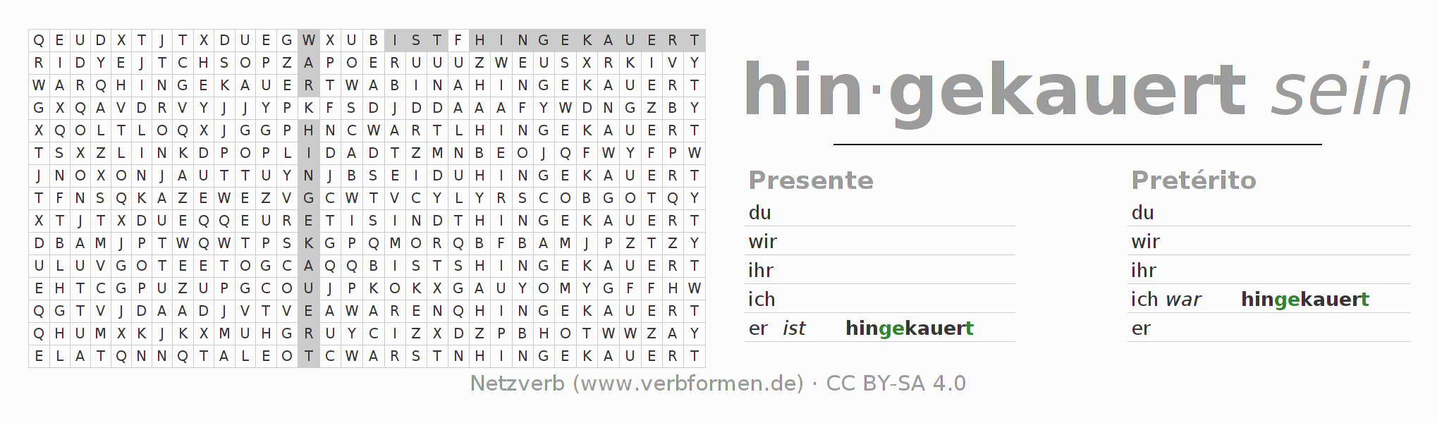Juego de palabras cruzadas para la conjugación del verbo hinkauern