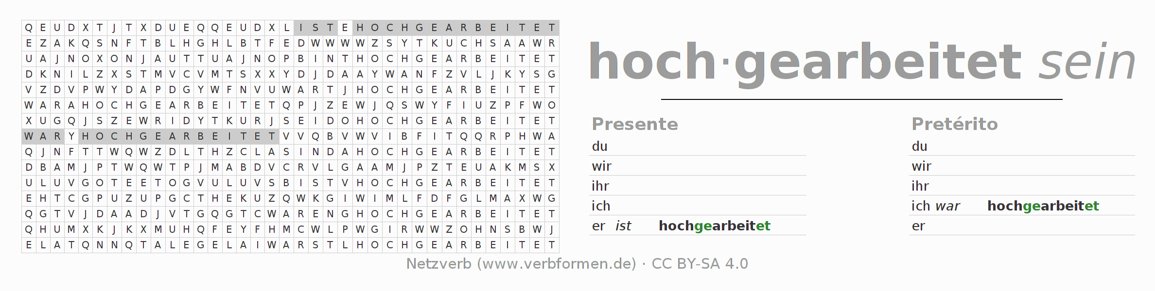 Juego de palabras cruzadas para la conjugación del verbo hocharbeiten
