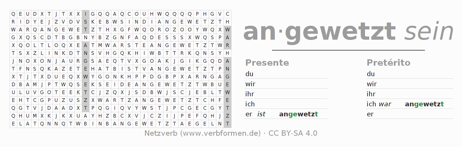 Juego de palabras cruzadas para la conjugación del verbo anwetzen