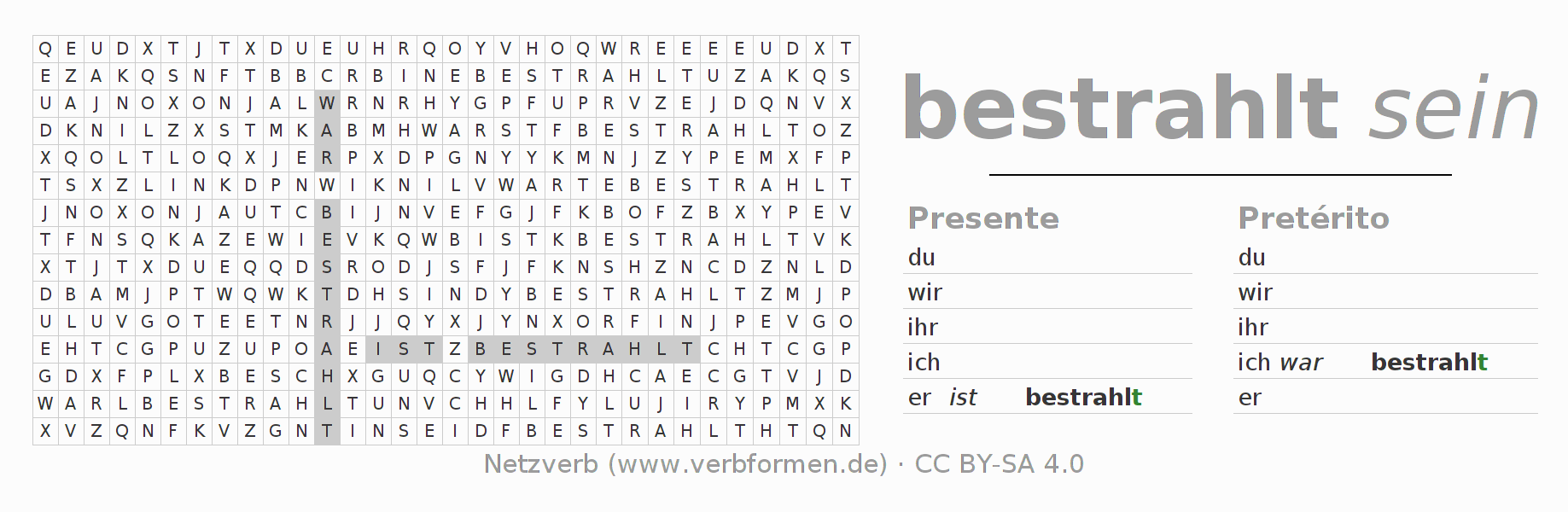 Juego de palabras cruzadas para la conjugación del verbo bestrahlen
