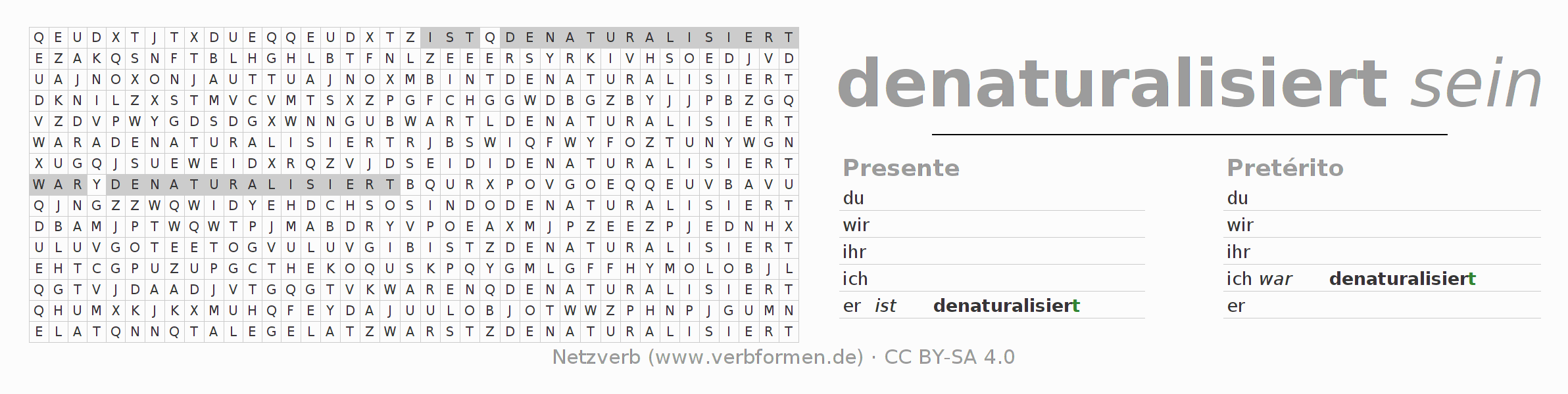 Juego de palabras cruzadas para la conjugación del verbo denaturalisieren