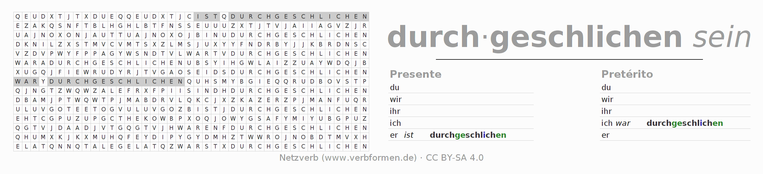Juego de palabras cruzadas para la conjugación del verbo durch-schleichen (ist)