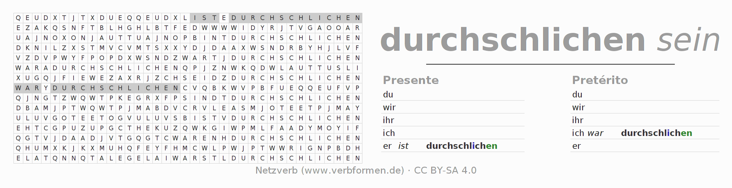 Juego de palabras cruzadas para la conjugación del verbo durchschleichen (hat)