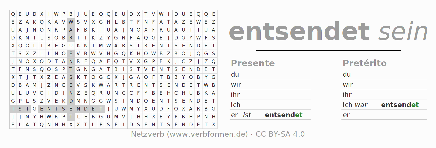 Juego de palabras cruzadas para la conjugación del verbo entsenden (regelm)