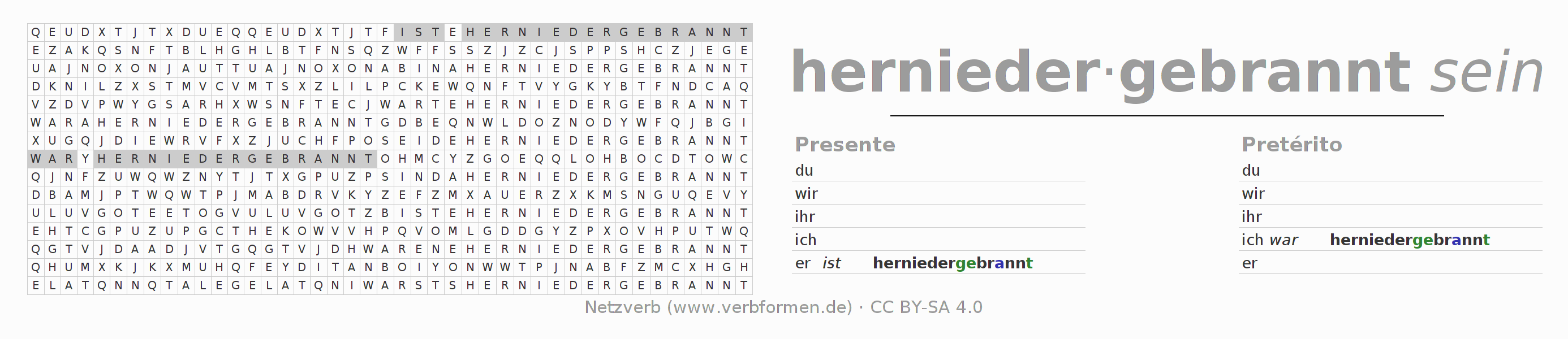 Juego de palabras cruzadas para la conjugación del verbo herniederbrennen
