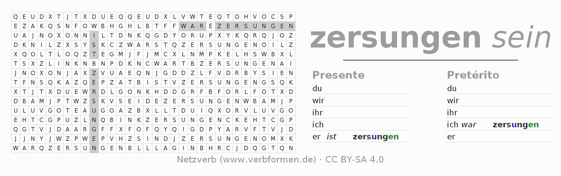 Juego de palabras cruzadas para la conjugación del verbo zersingen