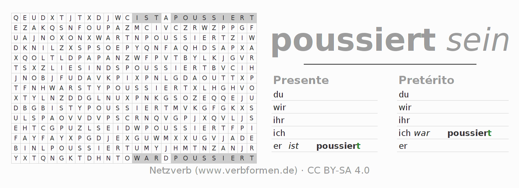 Juego de palabras cruzadas para la conjugación del verbo poussieren