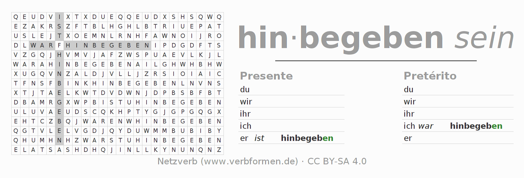Juego de palabras cruzadas para la conjugación del verbo sich hinbegeben